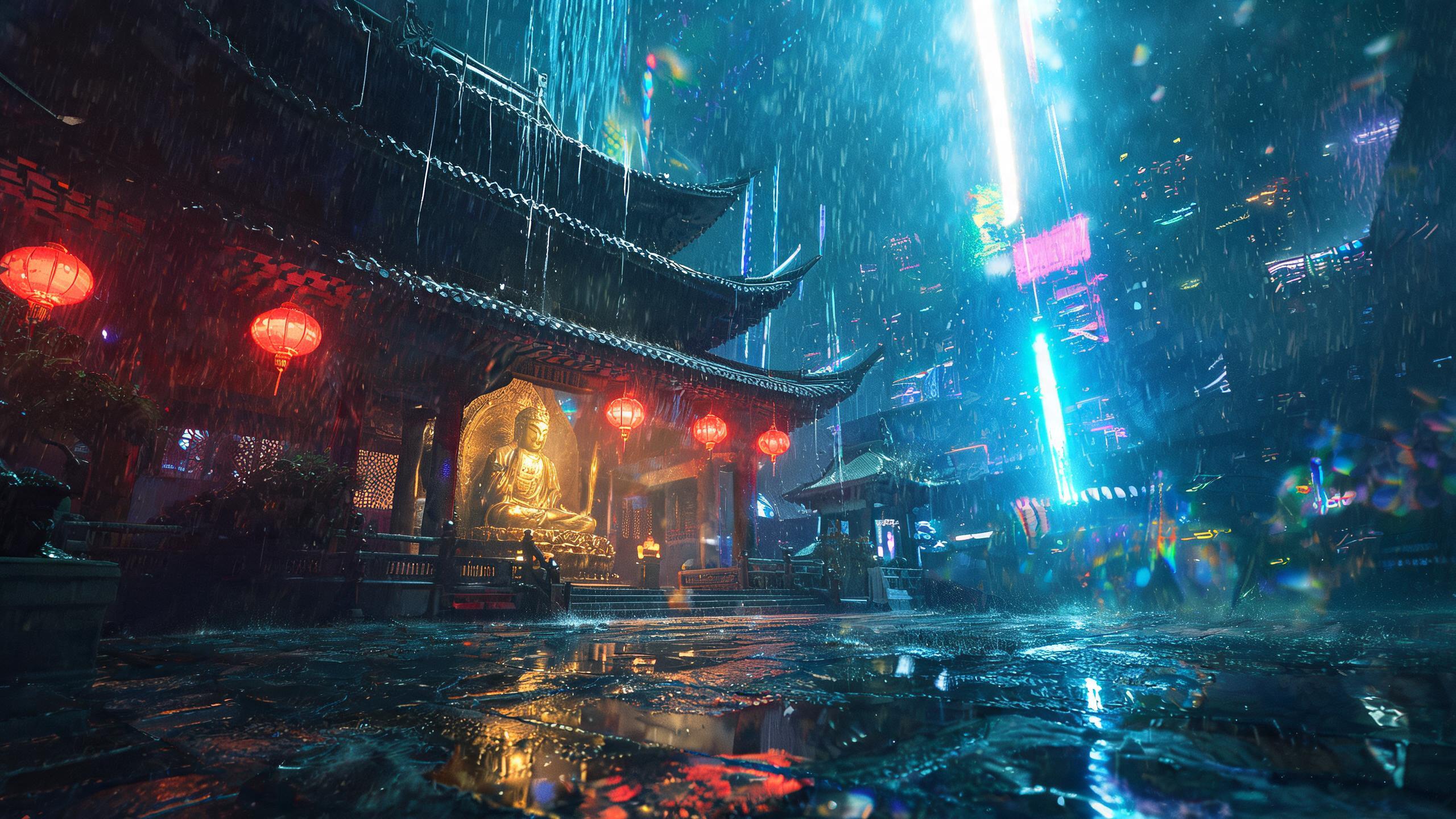 一座霓虹灯照耀的佛教寺庙矗立在大雨中